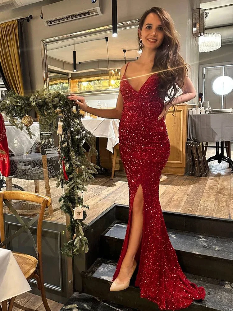 Sexy Backless V Neck Evening Party Dress Spaghetti Strap Padded Slit Stretch Sequin Long Mermaid Cocktail Prom Gown Elegant 2024