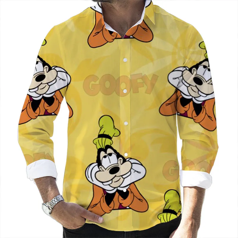 2022 Fall New Disney Donald Duck Mickey and Goofy Brand Cartoon Casual 3D Printed Long Sleeve Lapel Shirt Slim Fit Men\'s Top