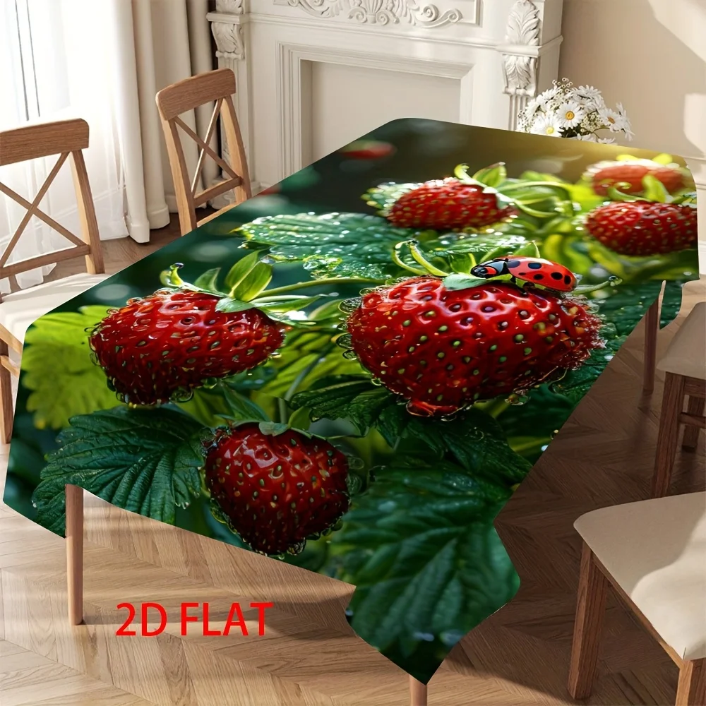 One tablecloth - Vibrant red strawberries and black ladybugs, high-quality easy-to-clean table cover.