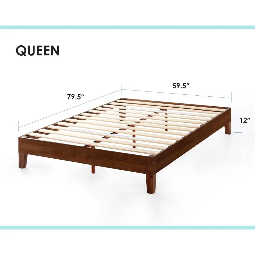 إطارات سرير بمنصة من الخشب الصلب مقاس كوين مقاس 12 بوصة مع شرائح خشبية، لا حاجة إلى صندوق زنبركي، هيكل خالٍ من الضوضاء