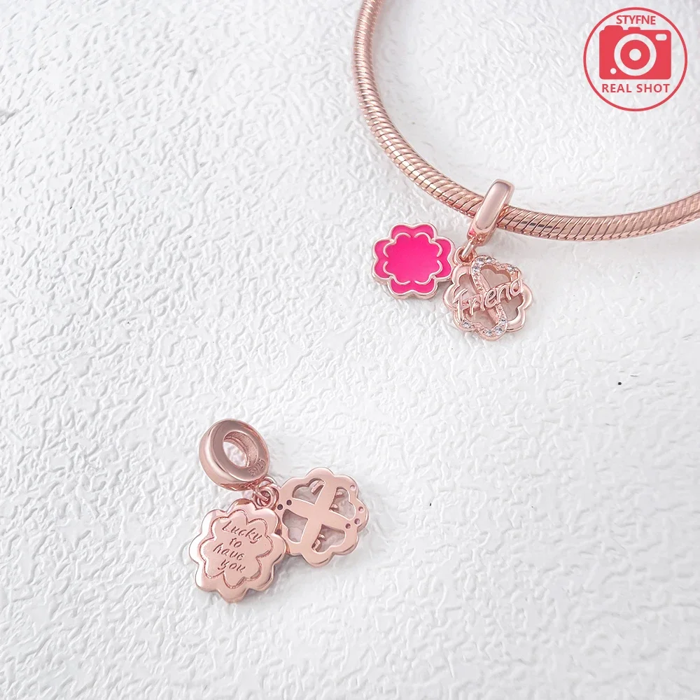 Silver 925 Friendship Love Double Dangle Charm Four-leaf Beads Fit Original Bracelets Diy Fine Jewelry Gifts for Women