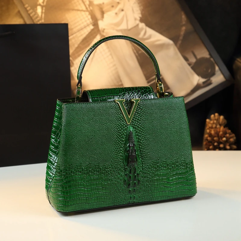 Luxury Genuine Leather Women\'s Handbags Fashion Lady Shell Bag Crocodile Pattern 2023 New Shoulder Messenger Bags Green Black