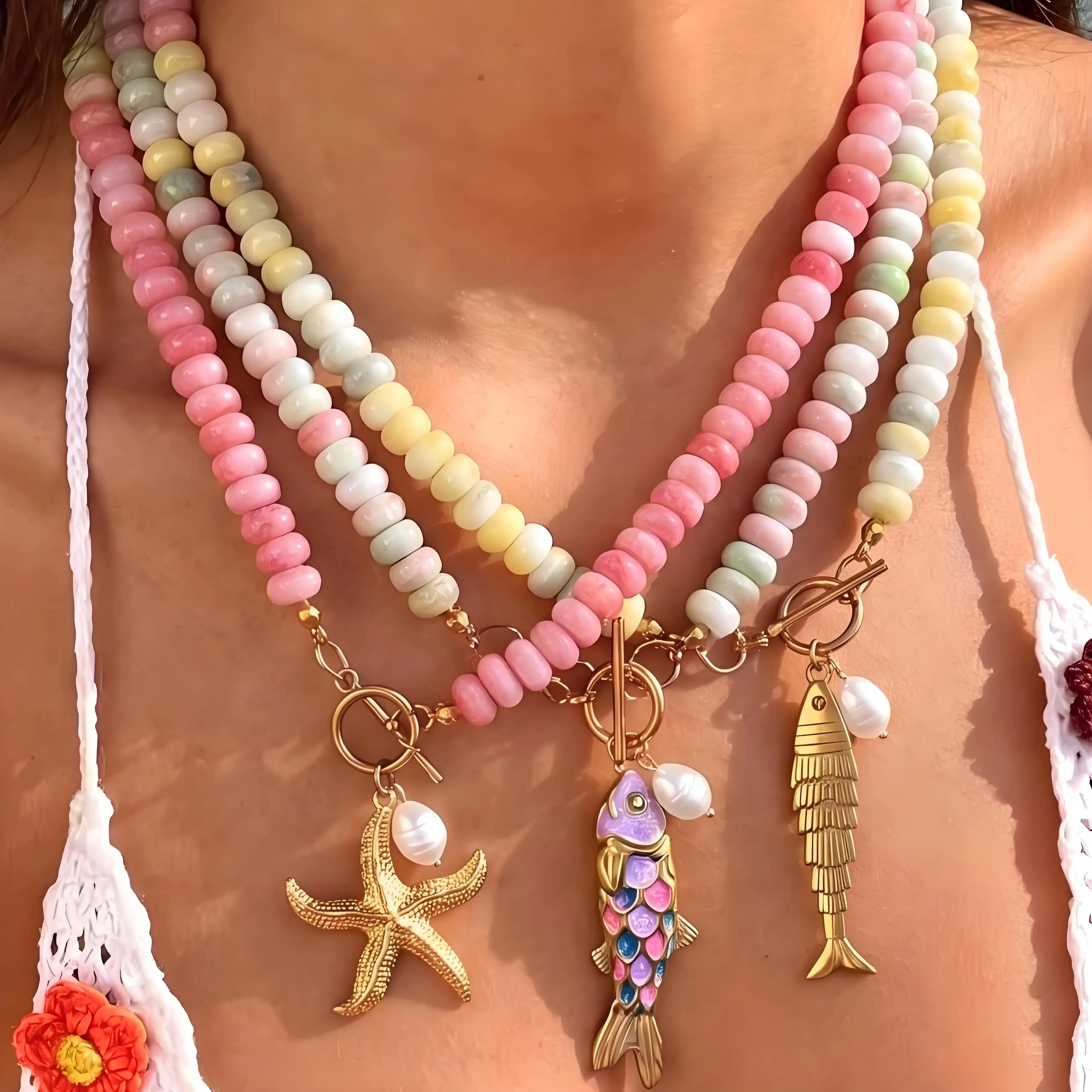 Candy Macaron Color Beaded Necklace Ocean Starfish Fish Pendant Bohemian Relax Style For Summer Island  Wear Women Jewelry