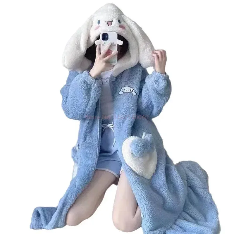 

aa124LQАниме женские плюшевые пижамы Kuromi Cinnamoroll, зимняя очень плотная коралловая фланелевая домашняя одежда, ночная рубашка, тканевый костюм
