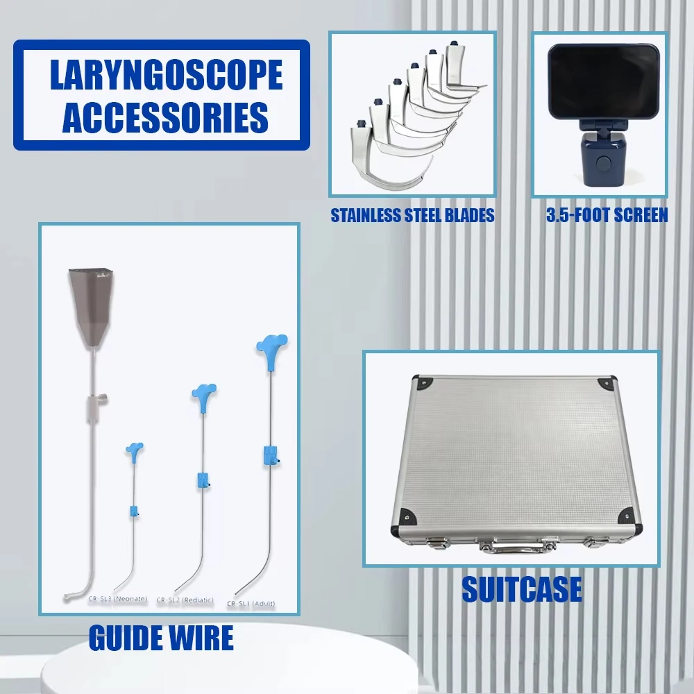 Accessories for Video Laryngoscope Stainless Steel Blades, Guide Wire, and Screen, and the Suitcase