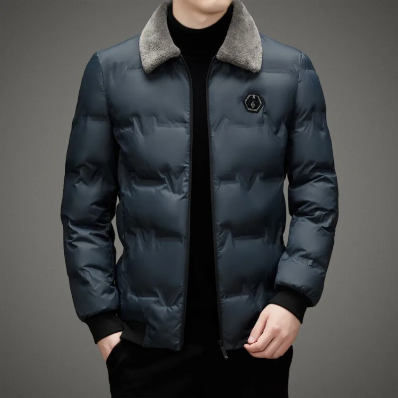 Winter Men's Thickened Parkas Coat Solid Color Simple Slim Fit Plush Collar Business Casual Winter Jacket for Men