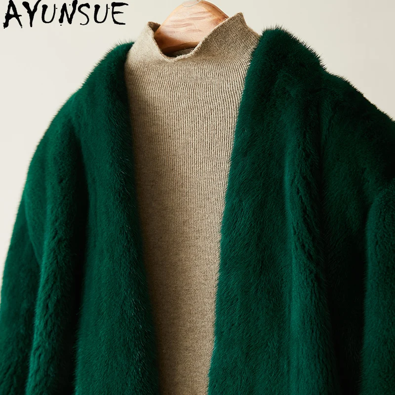AYUNSUE 2025 ฤดูใบไม้ร่วงฤดูหนาวธรรมชาติขนมิงค์เสื้อขนสัตว์ผู้หญิงความยาวกลาง V คอทั้งขนมิงค์เสื้อขนสัตว์จริงเสื้อผ้าผู้หญิง Шуба Женская