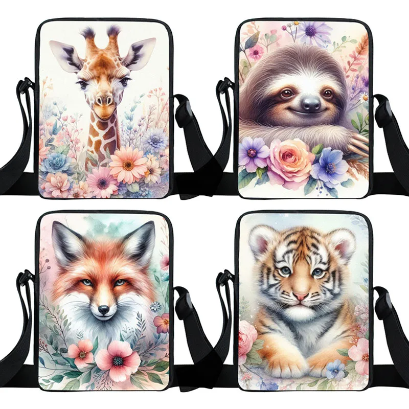 Cute Animals Tiger Fox Sloth Pattern Crossbody Bags Watercolor Flower Owl Women Handbag Portable Storage Bags Phone Holder Gift