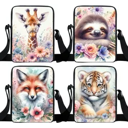 Cute Animals Tiger Fox Sloth Pattern Crossbody Bags Watercolor Flower Owl Women Handbag Portable Storage Bags Phone Holder Gift