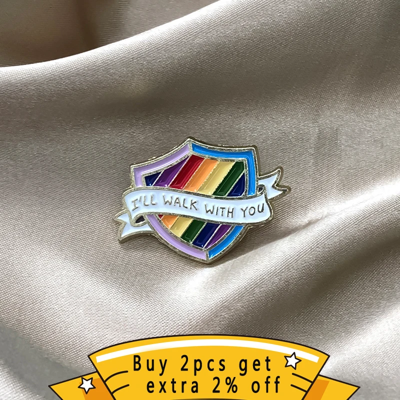 I Will Walk With You Enamel Pin Custom Rainbow Shield Brooches Metal Badge Decoration Clothing Wholesale Medal For Student