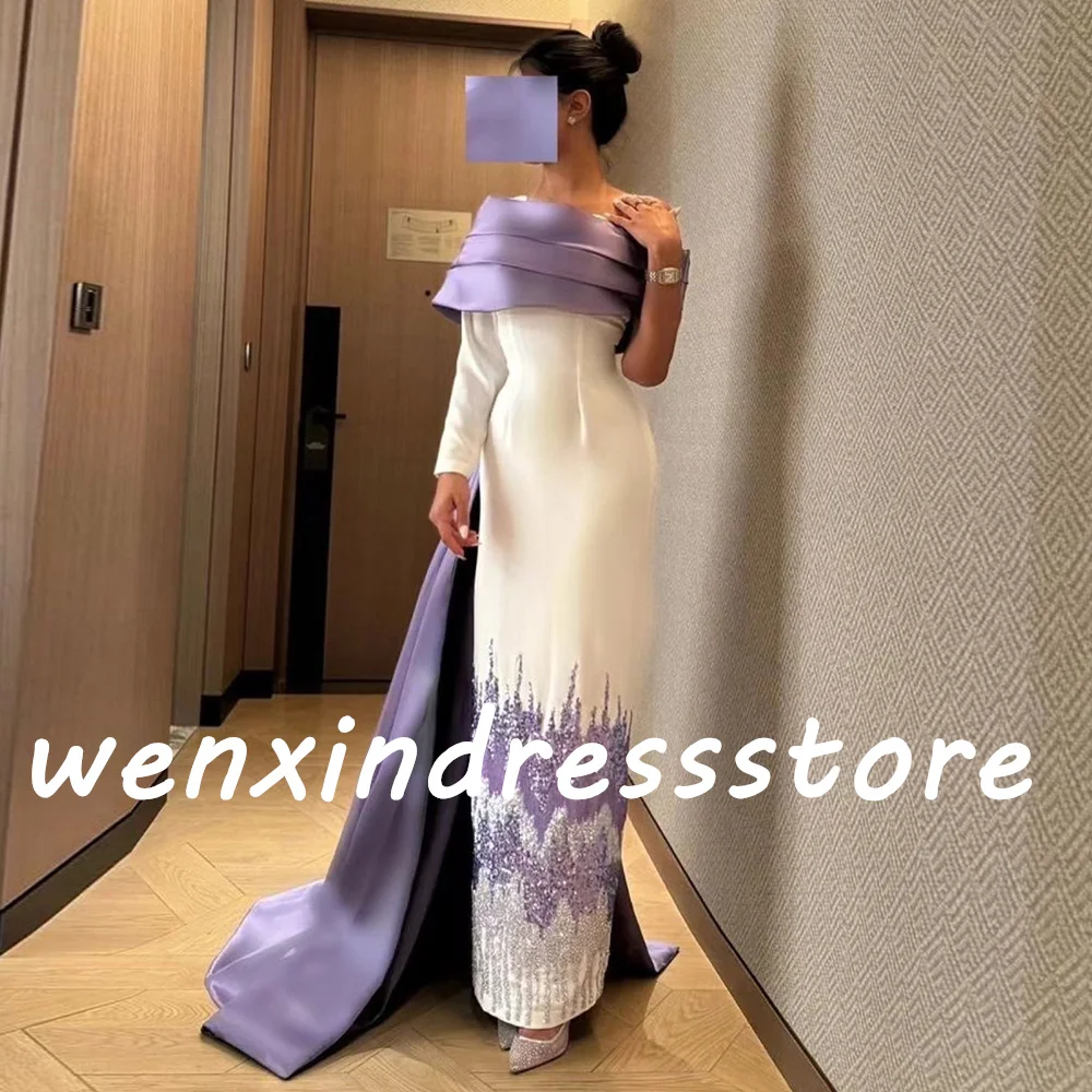 Customized Exquisite Crystal Satin Off the Shoulder Evening Dress Delicate Straight Long Sleeves Floor Length Celebrity Gowns