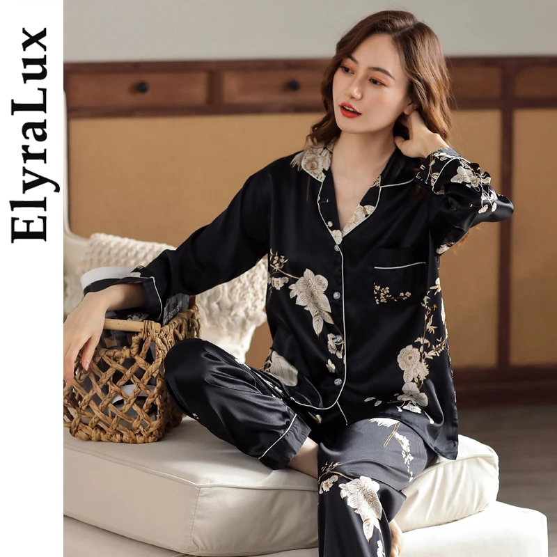 

Комплект ночной одежды ElyraLux: атласная пижама в корейском стиле, высококачественная, с длинными рукавами и брюками, для дома и сна, для студентов