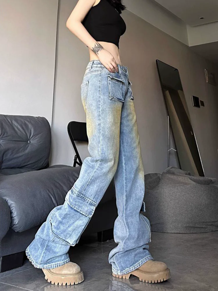 Gradient Pocket Straight Leg Jeans Fashion Streetwear Women's Casual Vaqueros Straight Wide Leg Vintage Loose Denim Pants