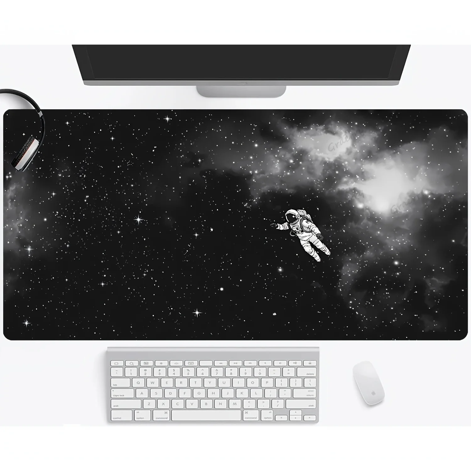 Rutschfeste Gummibasis, genähte Kanten, 1 Stück, großes Gaming-Mauspad und Schreibtischunterlage – Space Black White Galaxy Astronaut Design