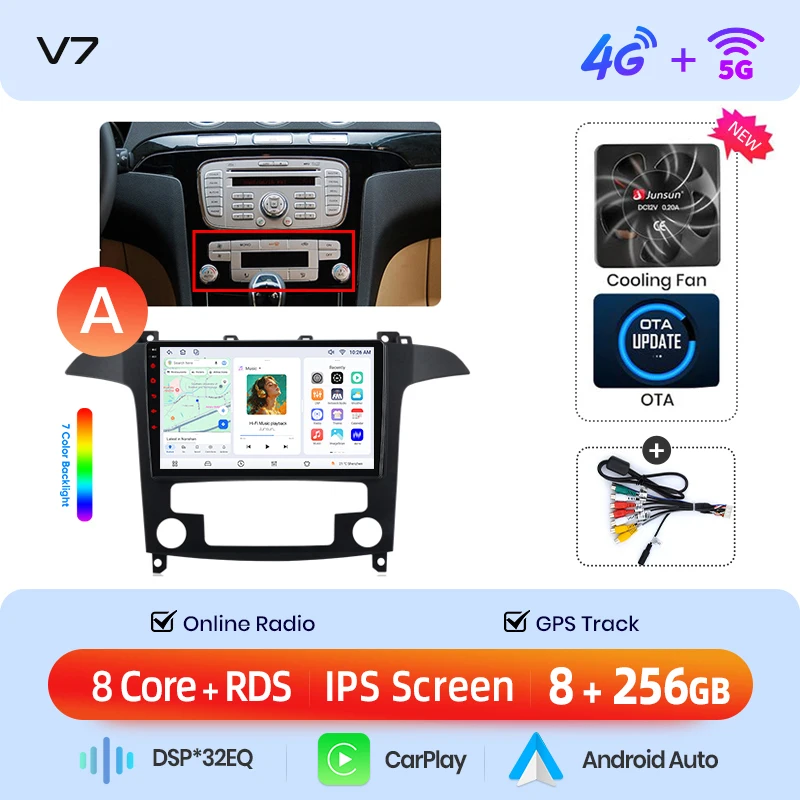 Junsun draadloze CarPlay Android Auto autoradio voor Ford S-MAX Mk1 (WA6) 2006-2015 met ingebouwde koelventilator, Android GPS navigatie, multimediaspeler, WiFi, DSP, RDS, BT, SWC, IPS touchscreen,