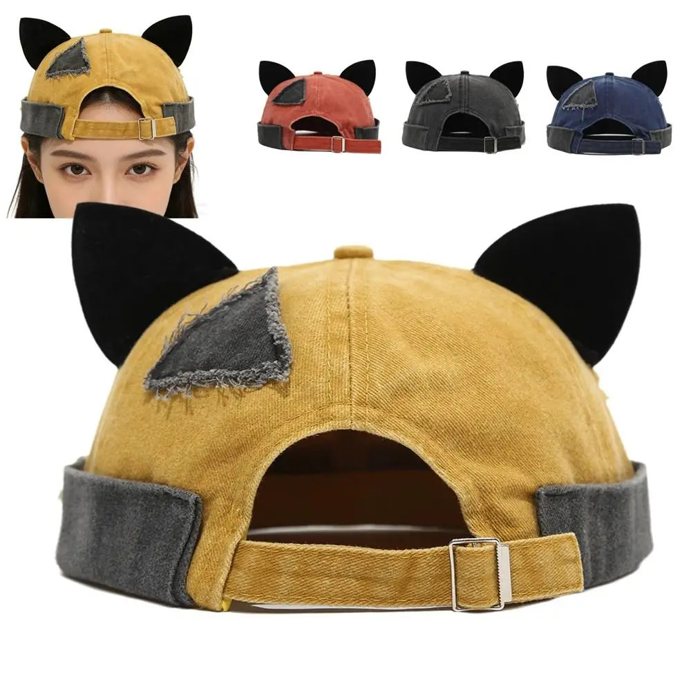 

New Fashion Cute Cat Ears Brimless Hat Hip Hop Adjustable Beanie Hat Rolled Cuff Solid Color Melon Docker Cap Daily