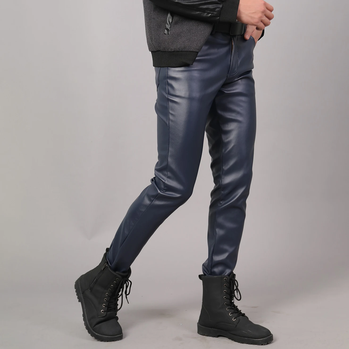 Spring Autumn Men\'s Leather Pants Skinny Fit Elastic Fashion PU Leather Trousers Punk Cosplay Dance Pants