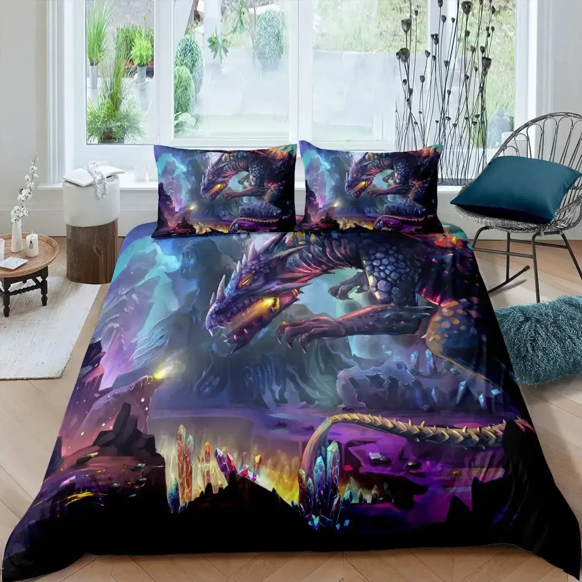 

Fire Dragon Duvet Cover Set Magical Dinosaur Bedding Set Jungle Animals Pattern Wildlife Style King Size Polyester Quilt Cover