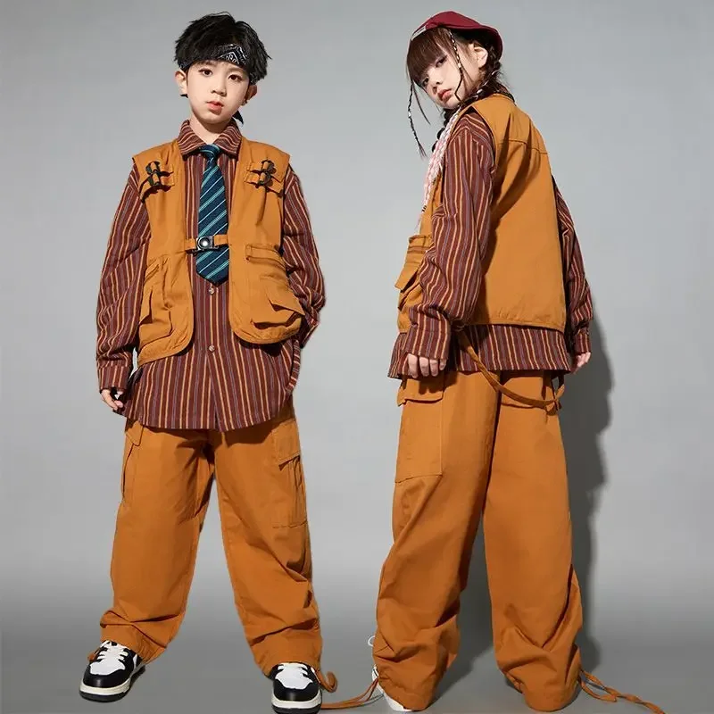 زي الأطفال للأطفال قميص مخطط سترة بنية الهيب هوب السراويل تناسب الفتيات ملابس رقص الجاز الأولاد ملابس الشارع الشهير