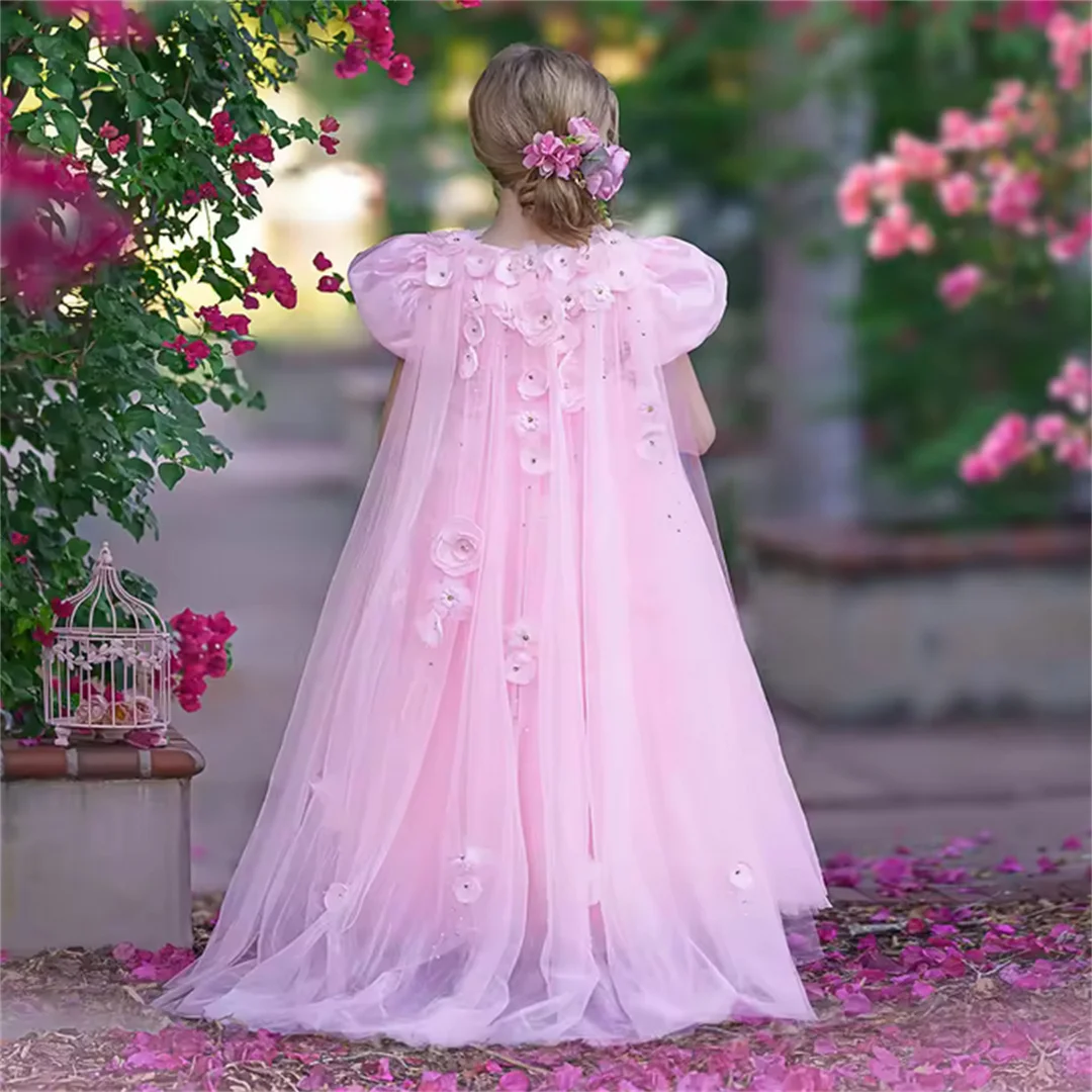 Vestidos florais árabes rosa personalizados para meninas, cristal com capa, flores 3d, mangas bufantes para crianças, casamento, festa de aniversário