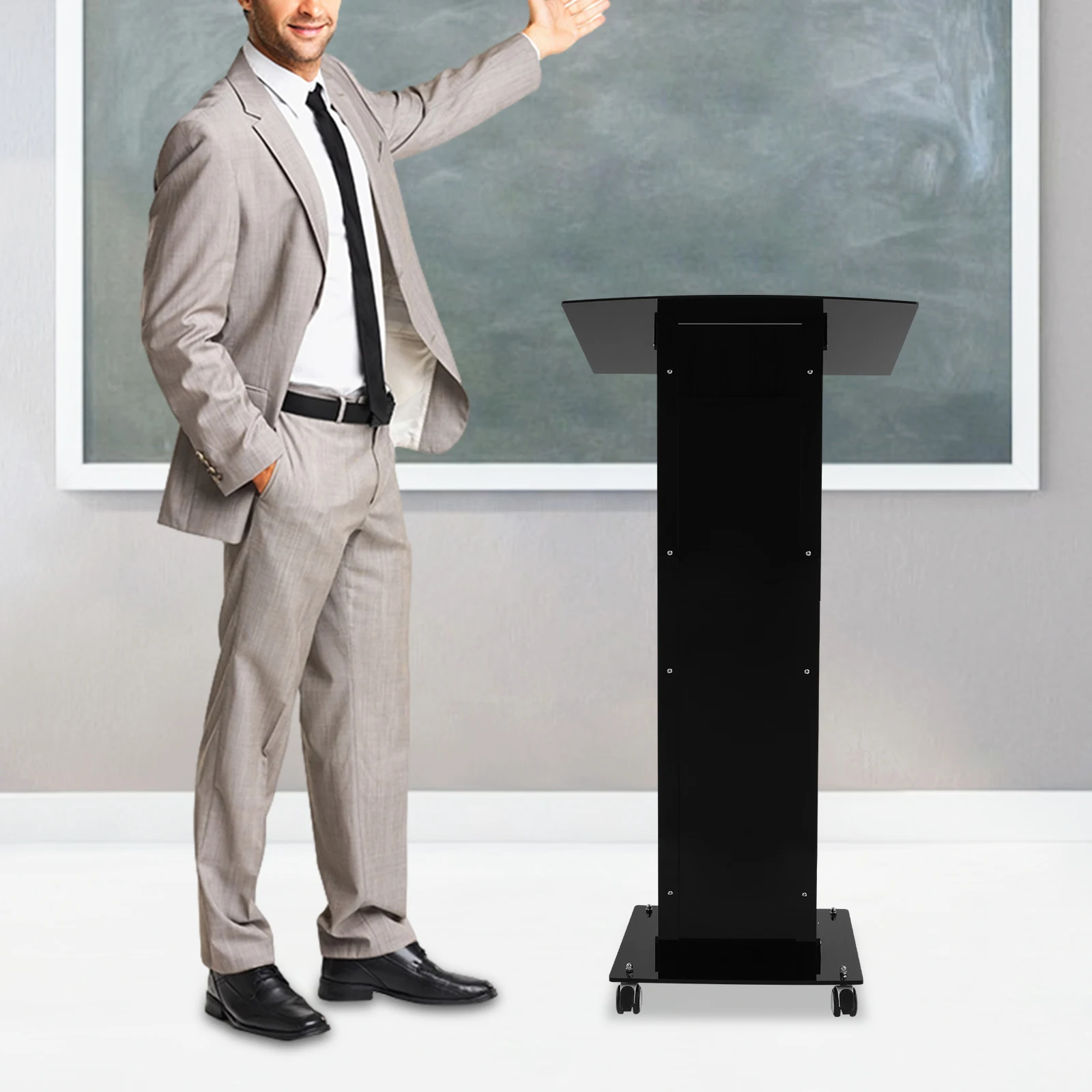 

Acrylic Podium Stand Black Color with Wheels for Presentations And Speeches Portable Lectern with Storage