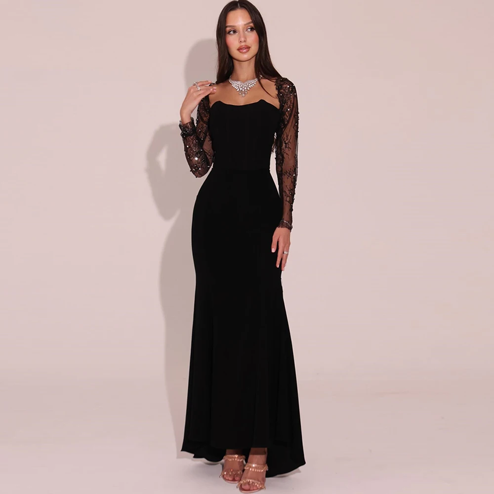 

Simple Jersey Customized Evening Dress Sexy Mermaid Prom Dresses Delicate Lace and Sequined Long Sleeves Special Occasion Gowns