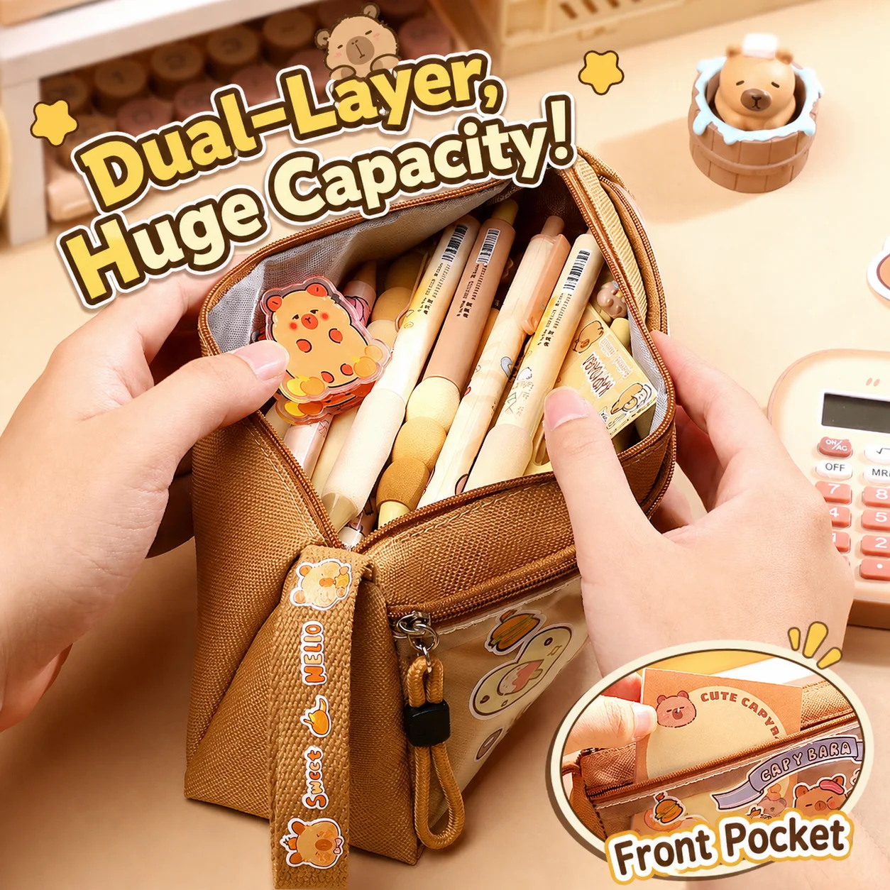 Cartoon Printed Triangular Pencil Bag 2 Layer Large Capacity Water Resistant Canvas Pencil Pouch With Handle For School Students