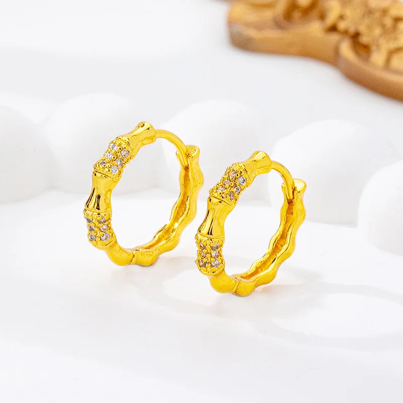 Luxury 24K 9999 Pure Gold real gold Bamboo Earrings Women's Diamond Earrings
