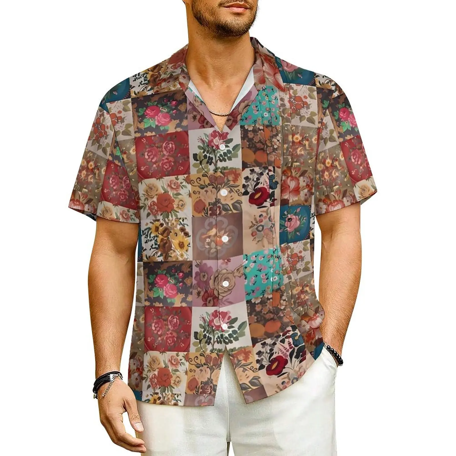 

Gypsy Patchwork Print Summer Shirt Man Vacation Floral Casual Shirts Short Sleeves Streetwear Graphic Loose Plus Size Blouses