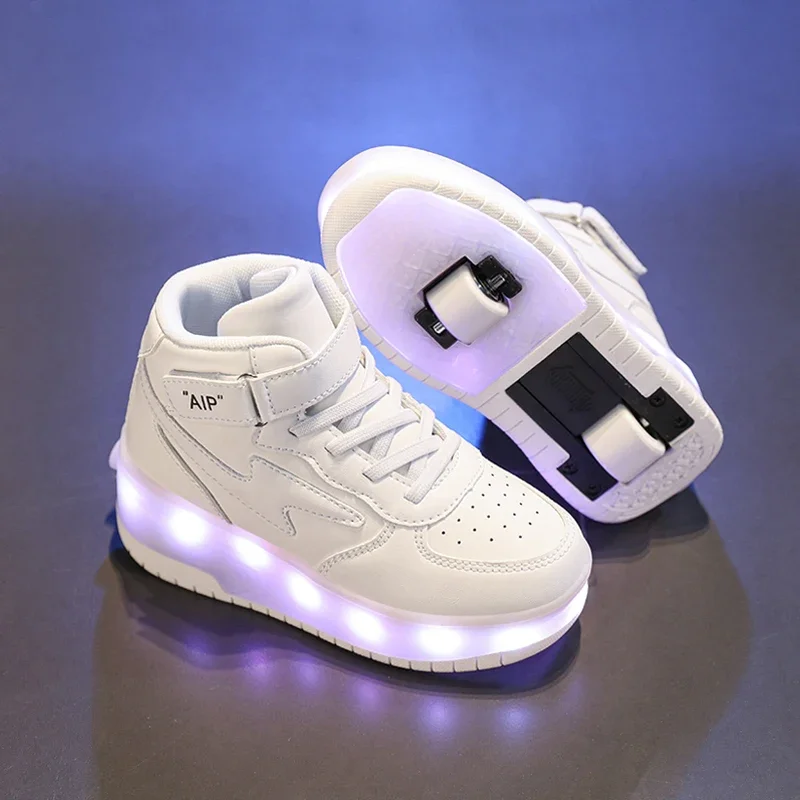 Children's LED Light Roller Skating Shoes High Top Fashion Two Wheel Stretch Breathable Skating Shoes Kids Sneakers for Girl Boy