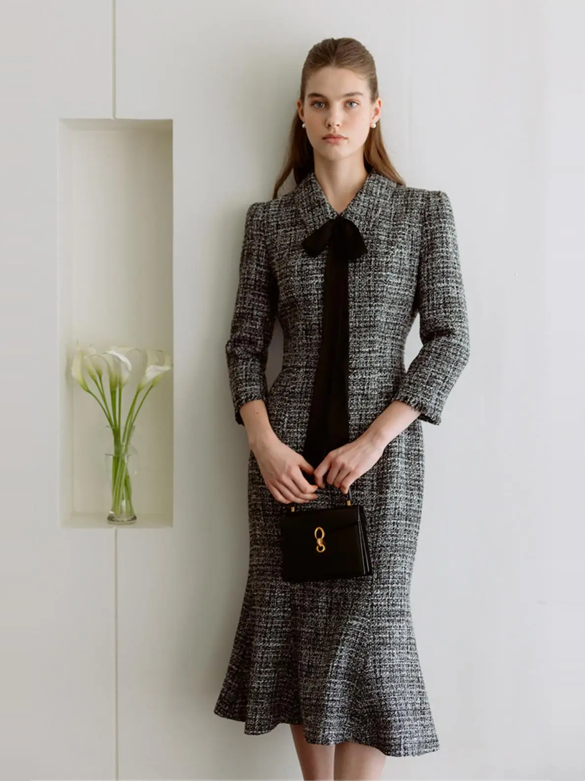 2025年春 エレガントな花柄テフタドレス、蝶結びベルトとフィッシュテールスカート付きロングドレス、レディースファッションドレス