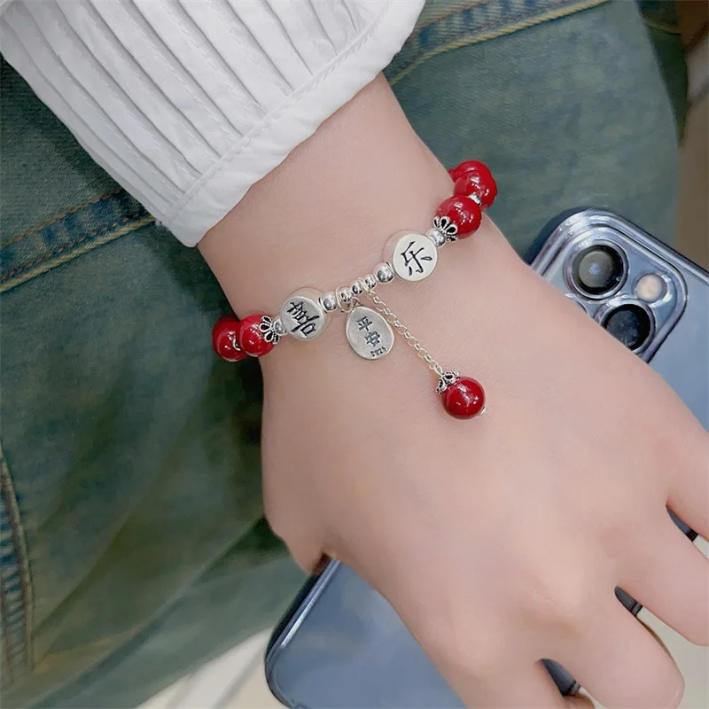 

Sterling Silver Bracelet S925 Gift For Women DIY Originality Girl Charm Garnet Festival Retro Fashion Jewelry