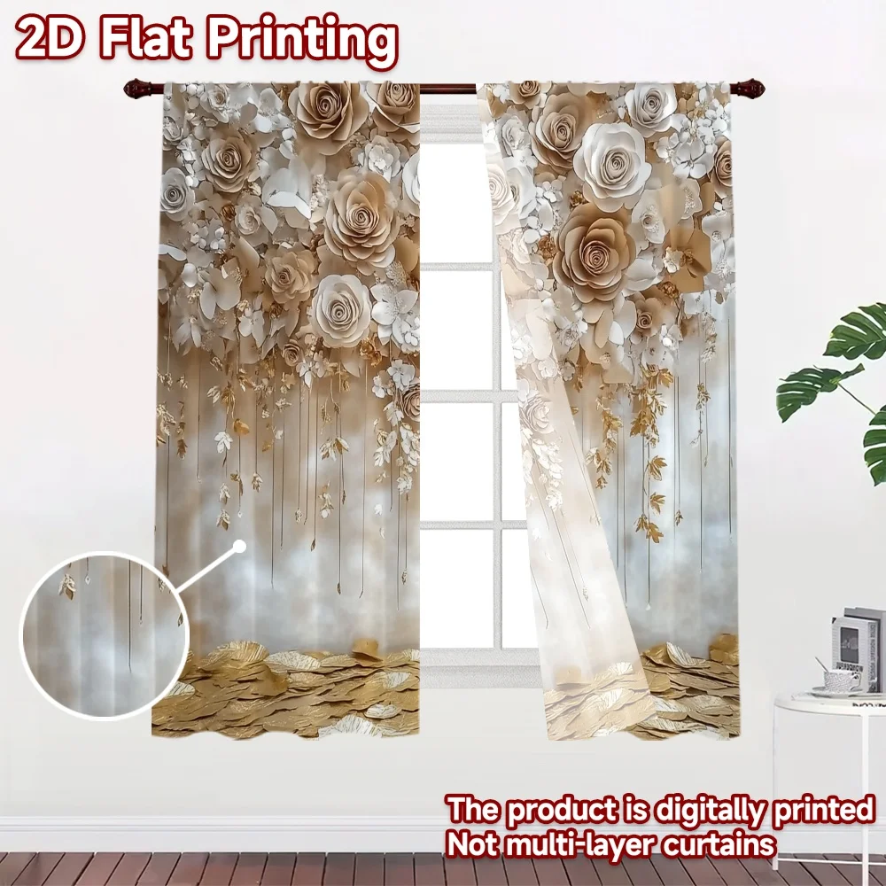2D flat 2pcs Curtain Retro Country Style Gold White Floral Wall Digitally printed polyester, colorfast Party & Holiday Decor