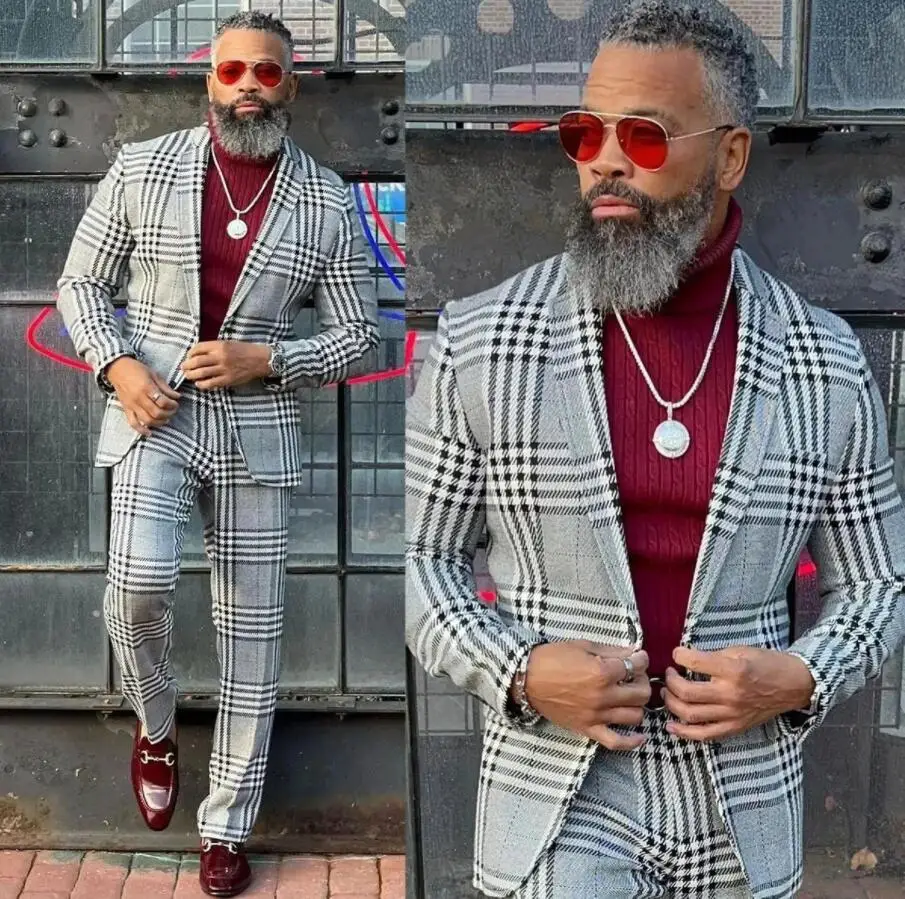 

Custom black gray plaid fashion wedding suits for men formal groom slim fit classics prom Tuxedos Blazer male jackets pants 2024