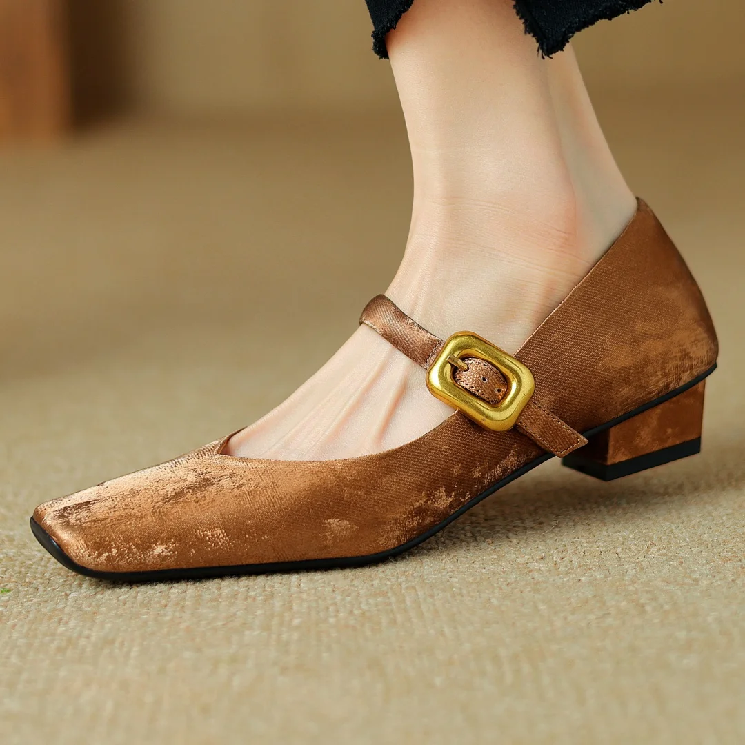 Elegant ladies cow leather Mary Jane pumps 3cm thick low heel square toe high quality soft comfortable 2024 spring new heel shoe