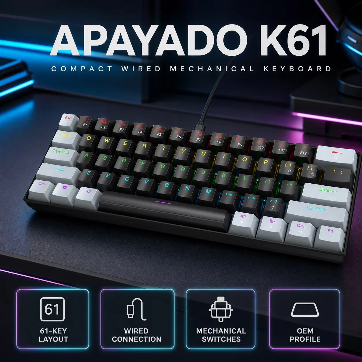 APAYADO K61 Wired Mechanical Keyboard, 61 Keys, USB-C Connection, Blue or Red Switch Options, RGB Lighting for Desktop PCs
