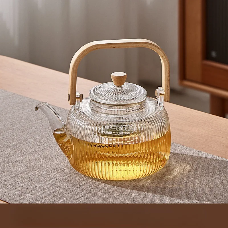 1000ML High Boron Silicon Glass Teapot with Built-in Filter – Flower Tea Set – Transparent Teawear with Bamboo Handle