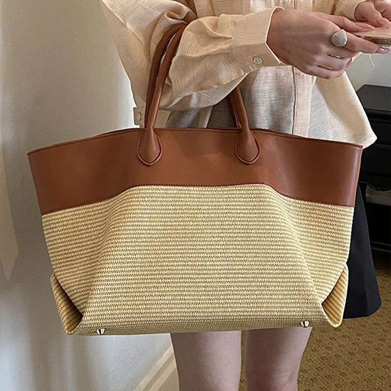 

Korean Fashion Exquisite Handbag Detachable Shoulder Strap Large Capacity Pu Leather Color-blocked Straw Travel Crossbody Bag
