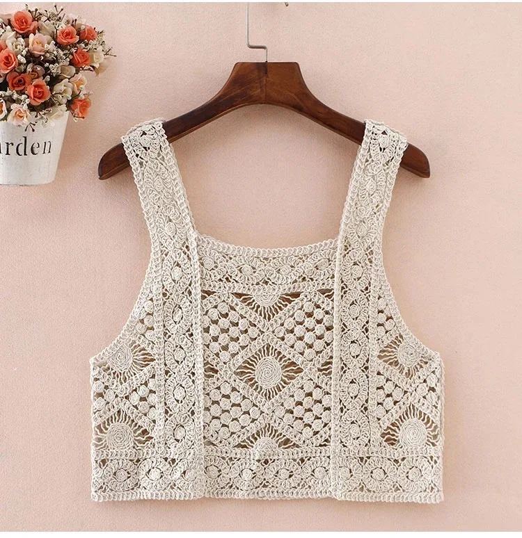 Crochet Knit Tank Top Boho Sheer Open-knit Sleeveless Square Collar Crop Cover Up Women Teengirl Summer Vacation Beach Outfi