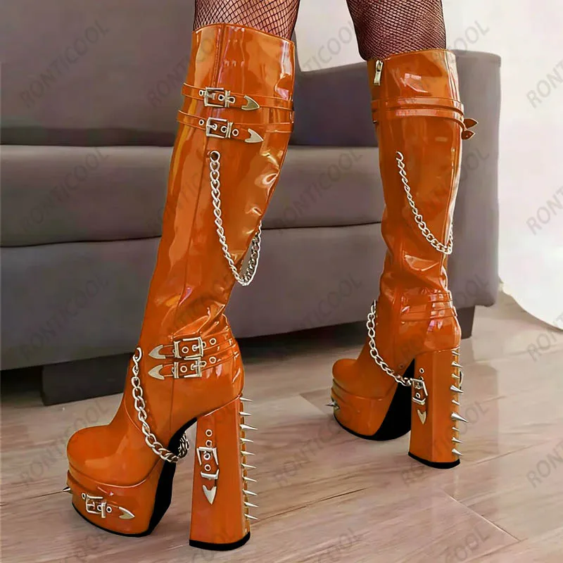 Ronticool Real Photos Women Winter Knee Boots Buckle Strap Block High Heels Round Toe Pretty Black Punk Shoes Plus US Size 5-20
