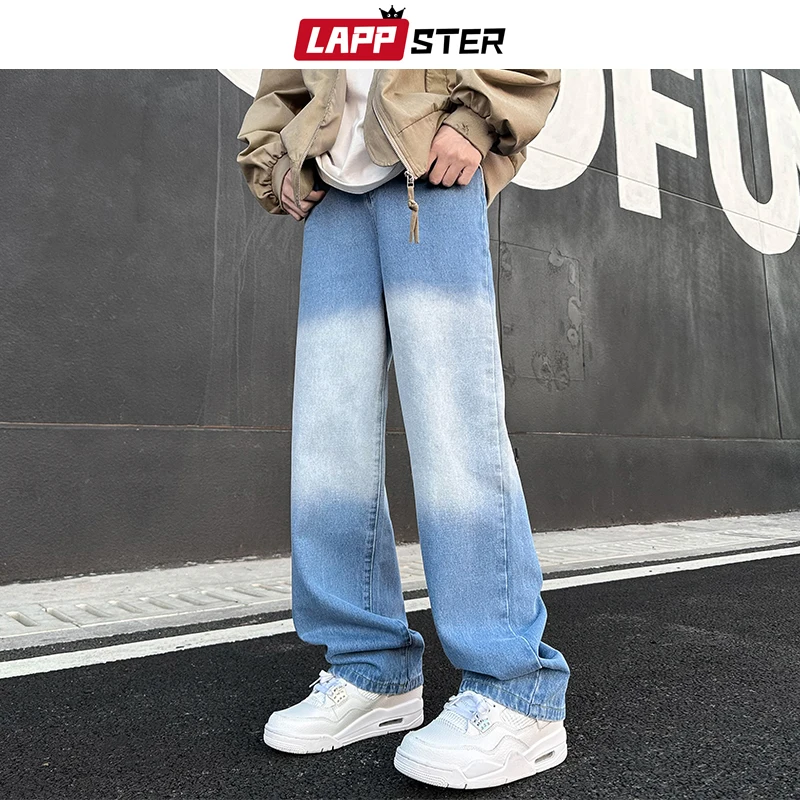 

LAPPSTER Y2k Tie Dye Baggy Stacked Jeans Pants Men Black Low Rise Denim Pants Vintage Korean Fashions Japanese Streetwear Jeans