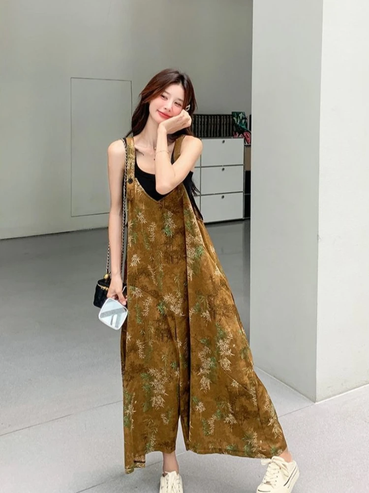 

Женский комбинезон с этническим цветочным принтом, лето 2026, с завышенной талией, струящийся, с широкими штанинами, элегантный, модный, молодежный дизайн