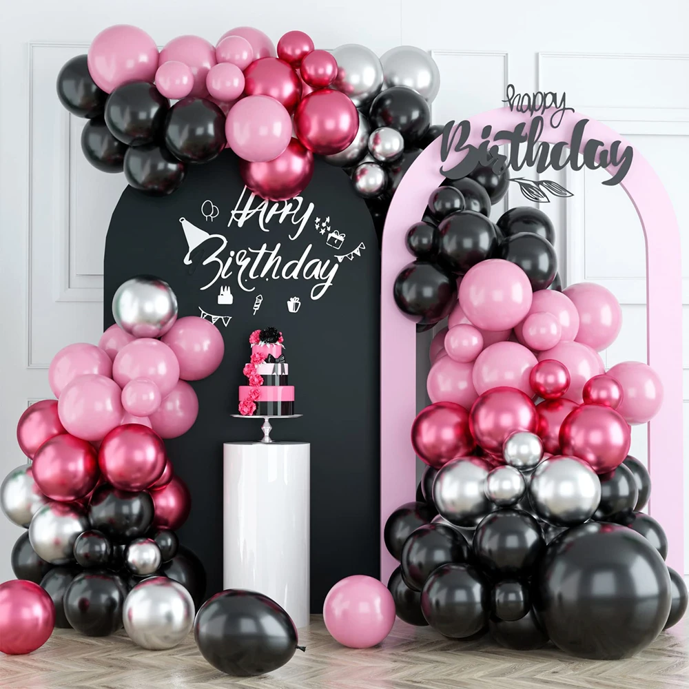 111Pcs Pink Black Silver Latex Balloons Garland Arch Kit for Birthday Wedding Baby Shower Valentine'S Day Party Decoration