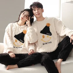 New Couple Pajamas Men Women Winter Coral Velvet Sleepwear Suit Long Sleeve Plush Thick Loungewear Youth Cartoon Homewear Set