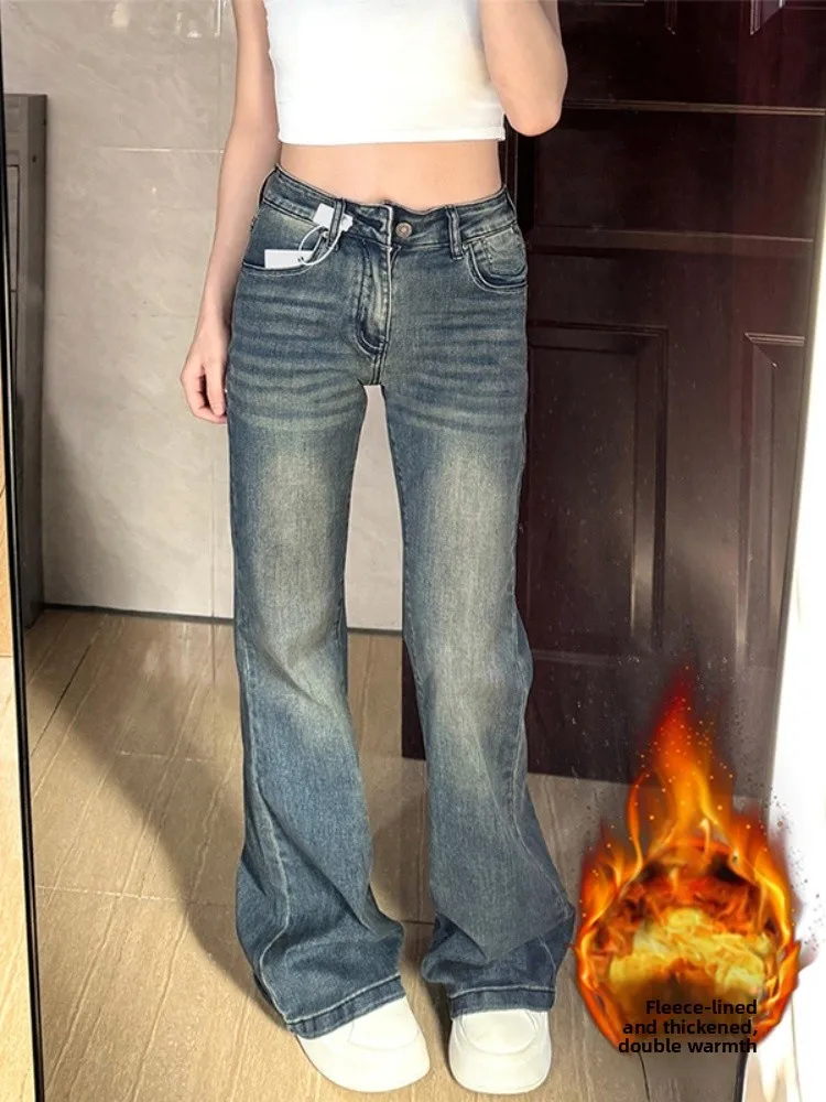 

Женские зимние джинсы больших размеров с флисовой подкладкой, утепленные, микро-клеш, с высокой талией, эластичные, прямые, широкие штанины