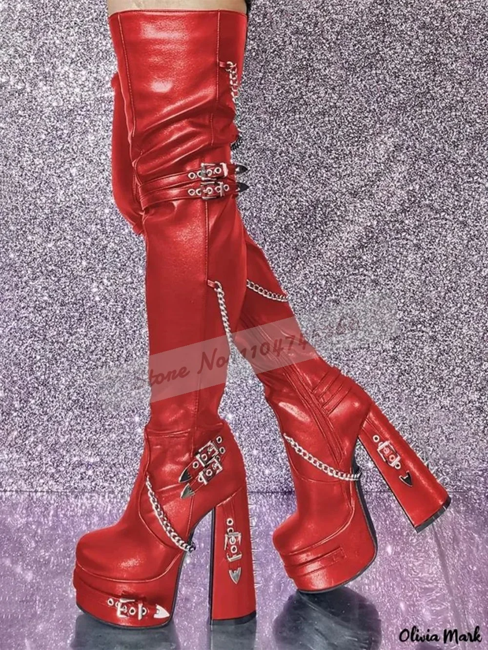 أسود ماتي صندل بكعب مكتنز طويل المسامير الركبة الأحذية عالية منصة الشرير أنيق أحذية طويلة الفضة مشبك معدني حزام سلسلة ديكور الأحذية