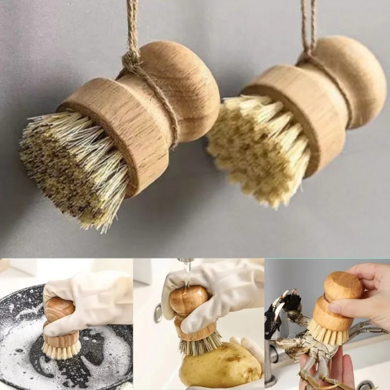 Wood Washing Pot Brush Kitchen Decontamination Cleaning Pot Brush Suitable for Brushing Pots Dishes Bowls and Kitchens