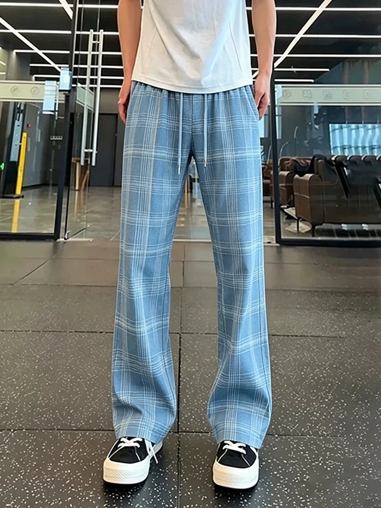 Light Blue American Retro Plaid Ice Silk Men's Summer Thin Breathable Sports Pants High Waist Straight Leg Micro Flared Pants