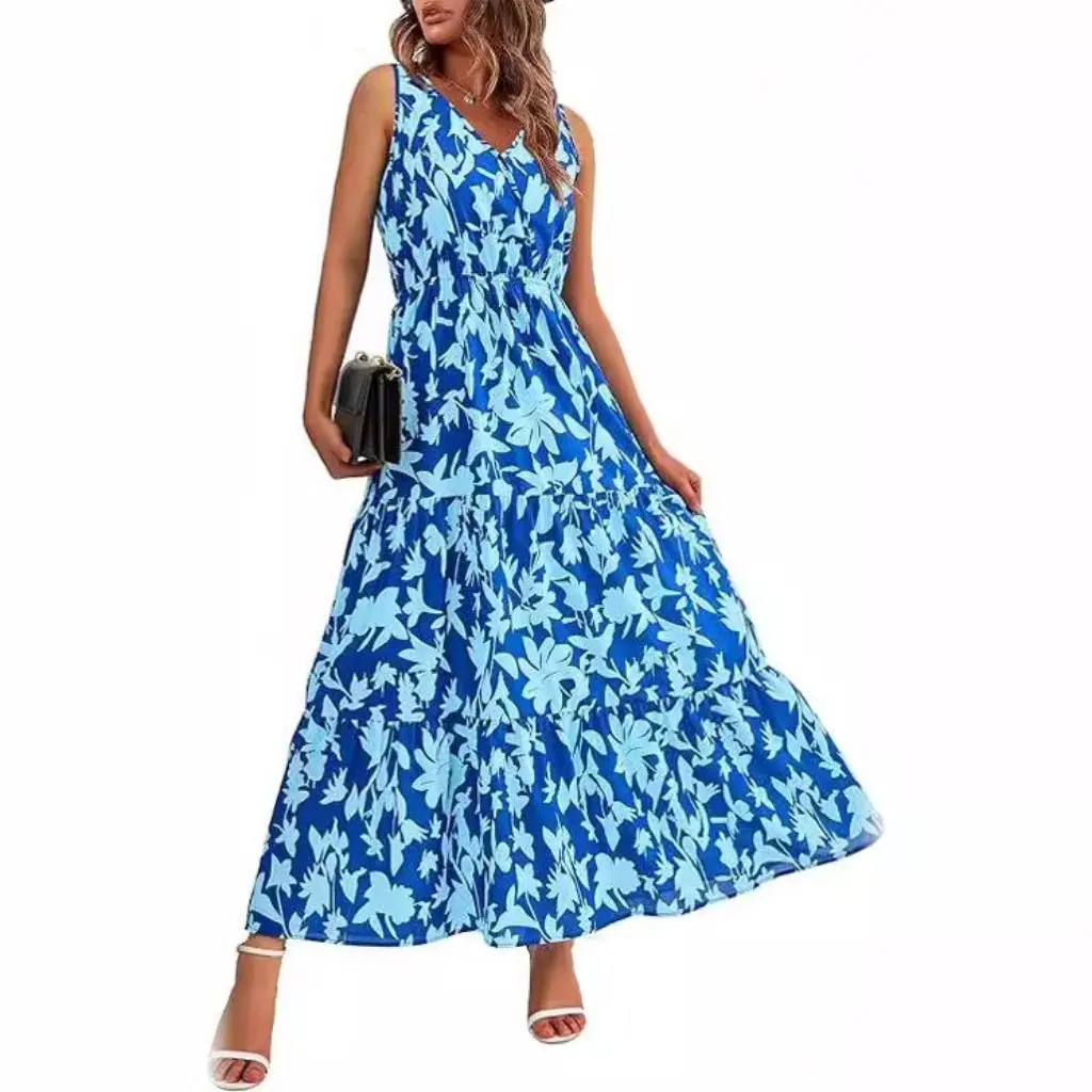 Women's V-neck Sleeveless Printed Dress Elastic Waist Casual Fashion for Europe And US Style