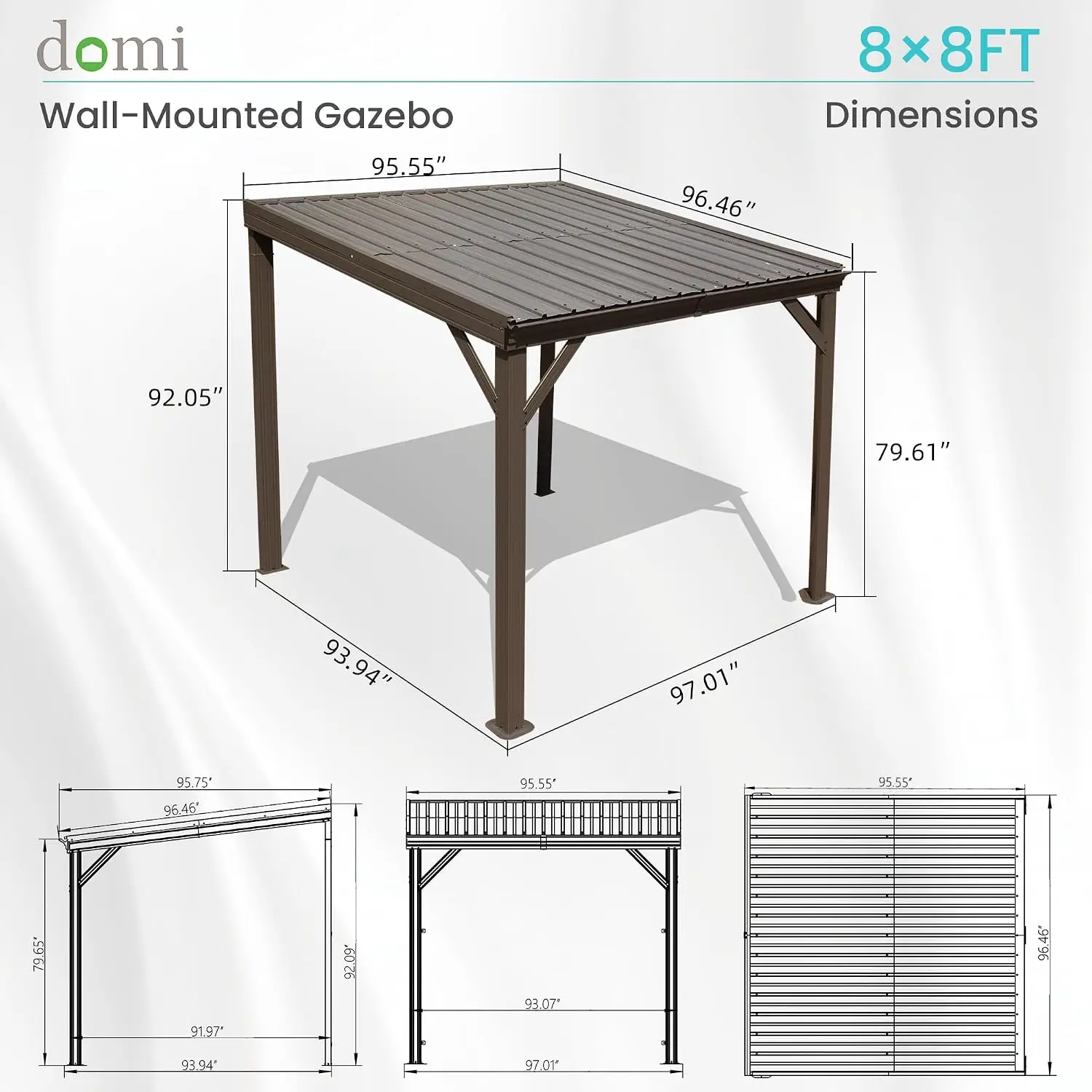 8'x8' Lean to Gazebo Wall Mounted Pergola, Steel Hardtop Roof with Drainage, Patio Shelter for Deck Porch Backyard, Customized